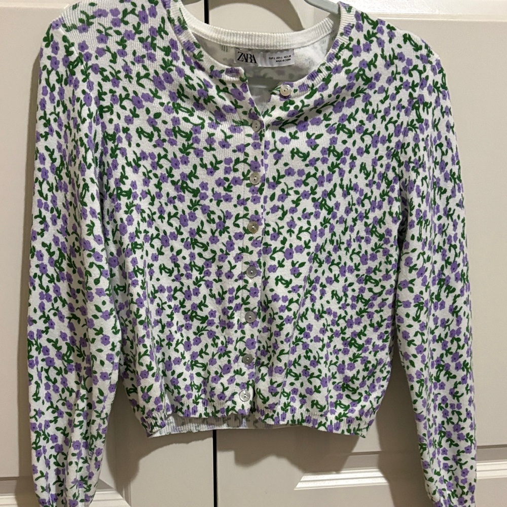 Zara White Cardigan with Purple and Green Floral Pattern
